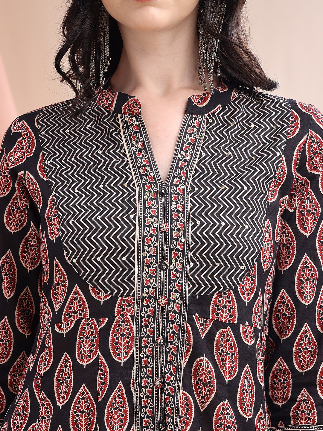 Front Slit Motifs A-Line Printed Kurta With Pant & Dupatta, Black - Hiral Fashion - Distacart