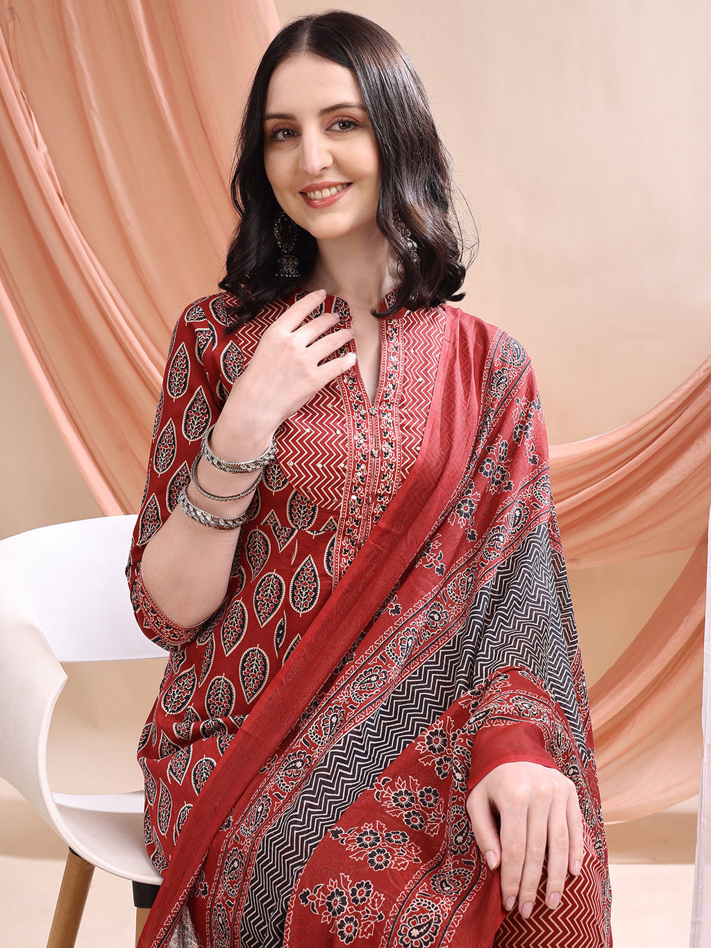 Front Slit Motifs A-Line Printed Kurta With Pant & Dupatta, Maroon - Hiral Fashion - Distacart