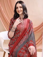 Front Slit Motifs A-Line Printed Kurta With Pant & Dupatta, Maroon - Hiral Fashion - Distacart