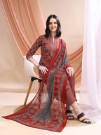 Front Slit Motifs A-Line Printed Kurta With Pant & Dupatta, Maroon - Hiral Fashion - Distacart