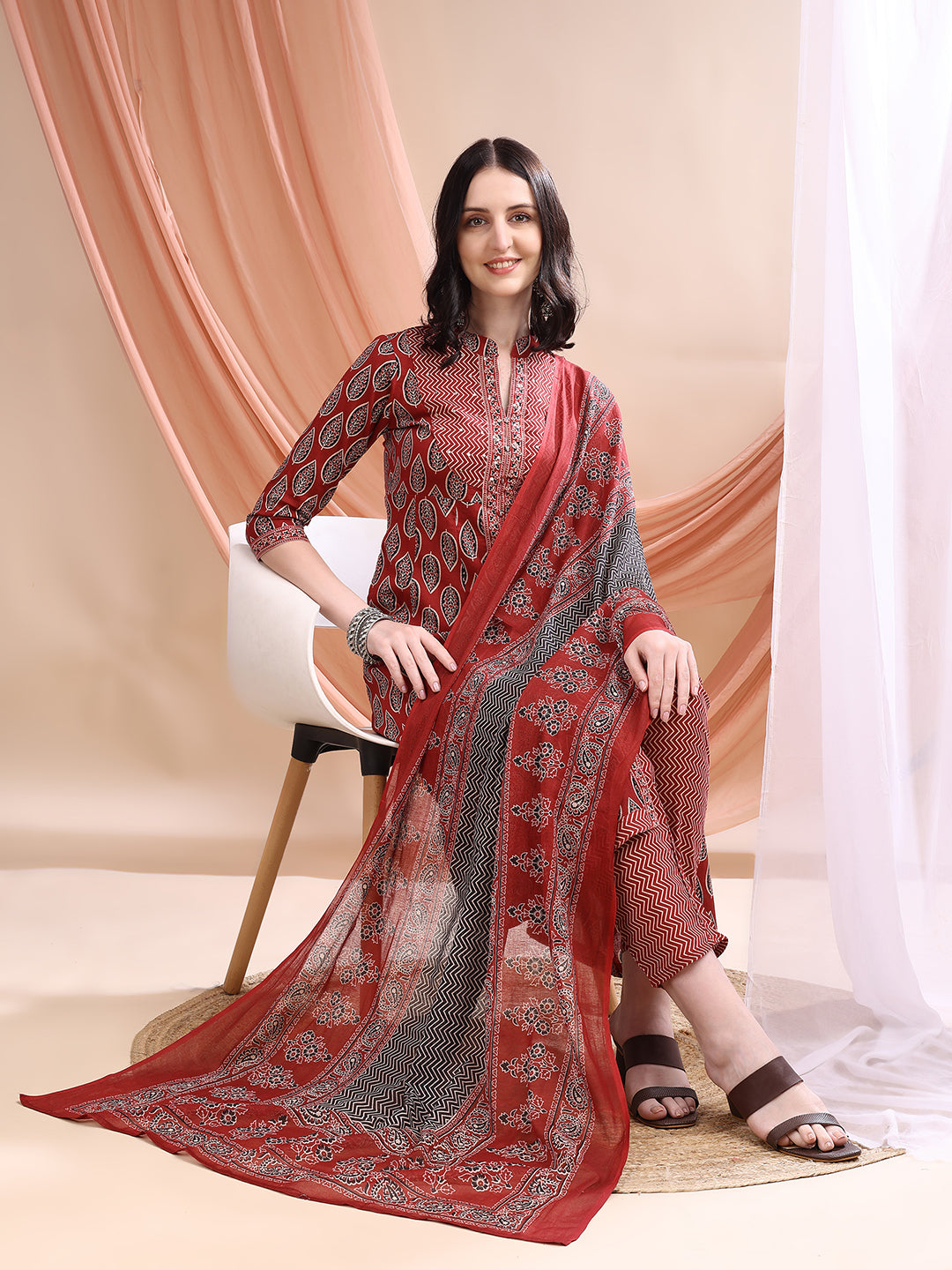 Front Slit Motifs A-Line Printed Kurta With Pant & Dupatta, Maroon - Hiral Fashion - Distacart