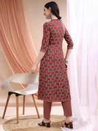 Front Slit Motifs A-Line Printed Kurta With Pant & Dupatta, Maroon - Hiral Fashion - Distacart