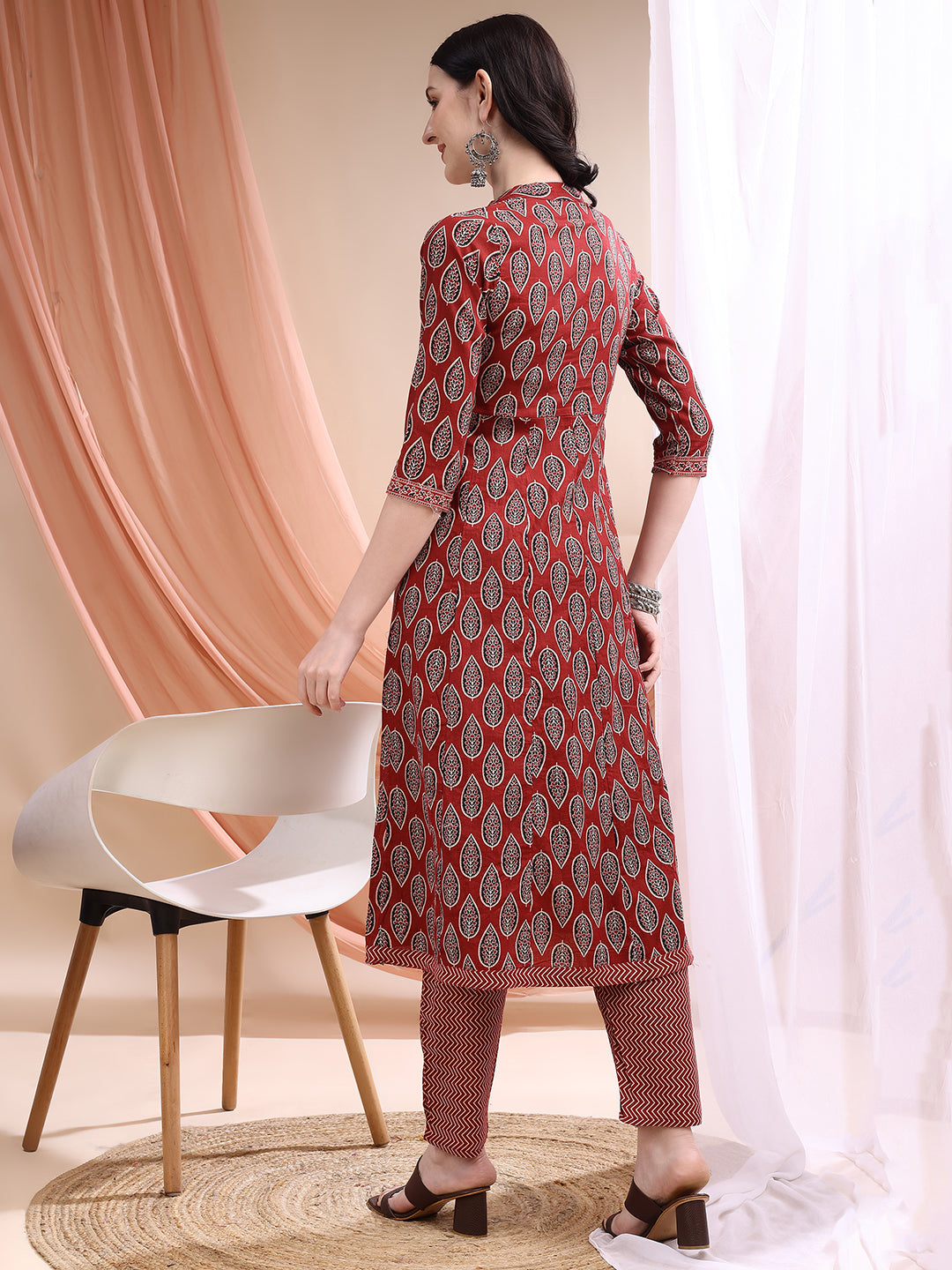 Front Slit Motifs A-Line Printed Kurta With Pant & Dupatta, Maroon - Hiral Fashion - Distacart