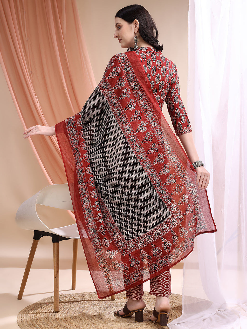 Front Slit Motifs A-Line Printed Kurta With Pant & Dupatta, Maroon - Hiral Fashion - Distacart