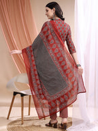 Front Slit Motifs A-Line Printed Kurta With Pant & Dupatta, Maroon - Hiral Fashion - Distacart
