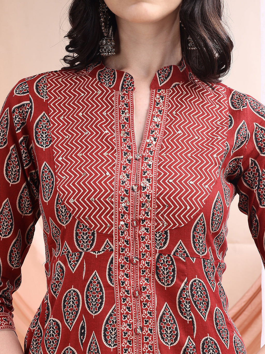 Front Slit Motifs A-Line Printed Kurta With Pant & Dupatta, Maroon - Hiral Fashion - Distacart