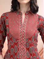 Front Slit Motifs A-Line Printed Kurta With Pant & Dupatta, Maroon - Hiral Fashion - Distacart