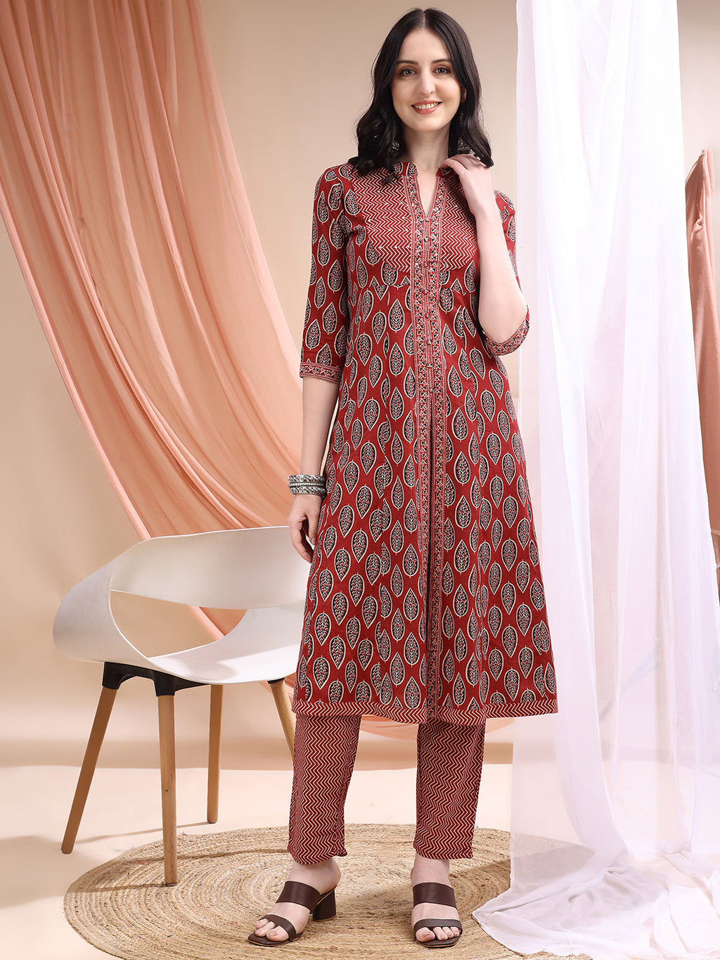 Front Slit Motifs A-Line Printed Kurta With Pant & Dupatta, Maroon - Hiral Fashion - Distacart