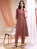 Front Slit Motifs A-Line Printed Kurta With Pant & Dupatta, Maroon - Hiral Fashion - Distacart