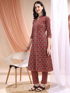 Front Slit Motifs A-Line Printed Kurta With Pant & Dupatta, Maroon - Hiral Fashion - Distacart