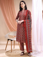 Front Slit Motifs A-Line Printed Kurta With Pant & Dupatta, Maroon - Hiral Fashion - Distacart