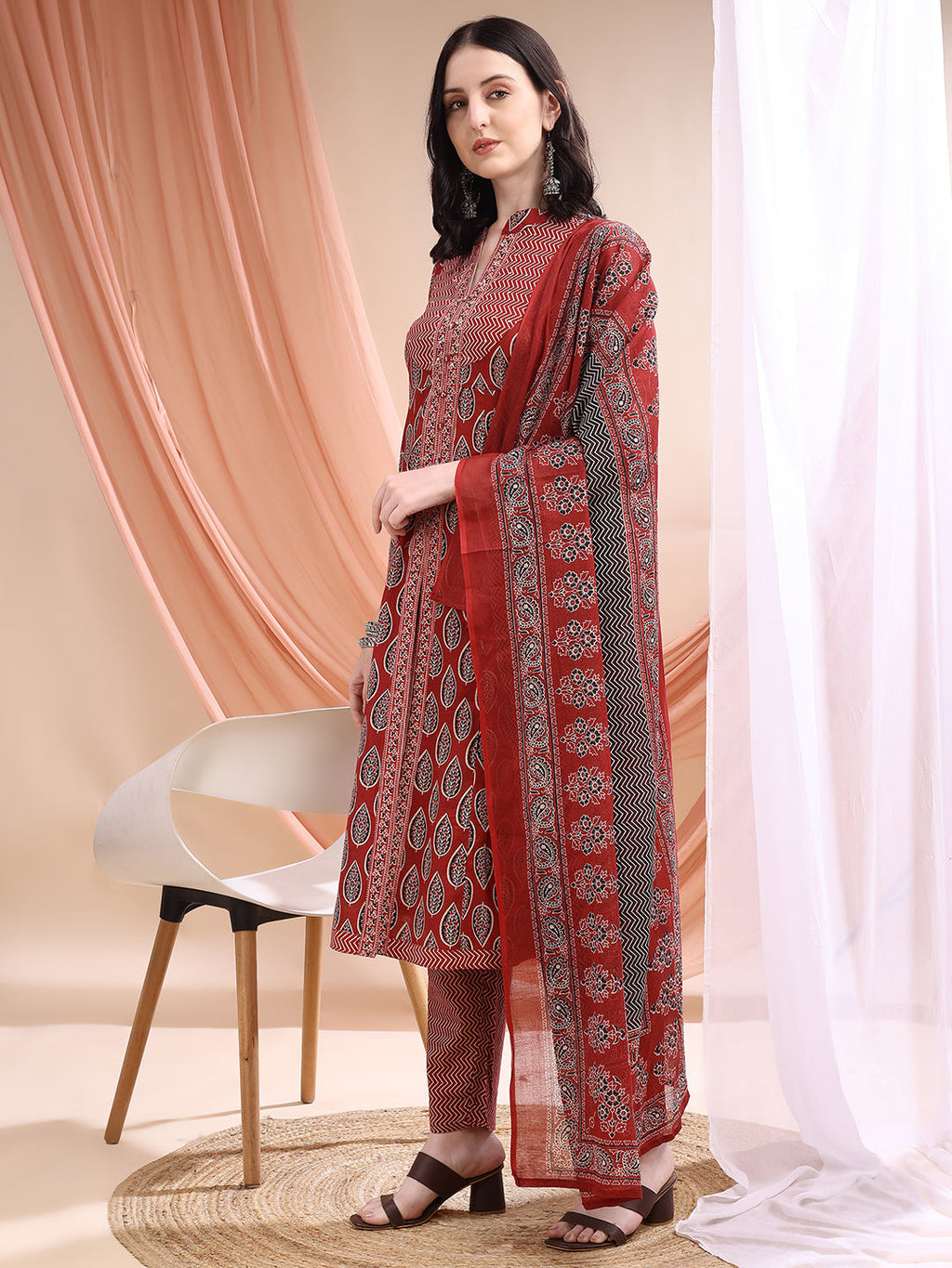 Front Slit Motifs A-Line Printed Kurta With Pant & Dupatta, Maroon - Hiral Fashion - Distacart