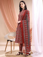 Front Slit Motifs A-Line Printed Kurta With Pant & Dupatta, Maroon - Hiral Fashion - Distacart