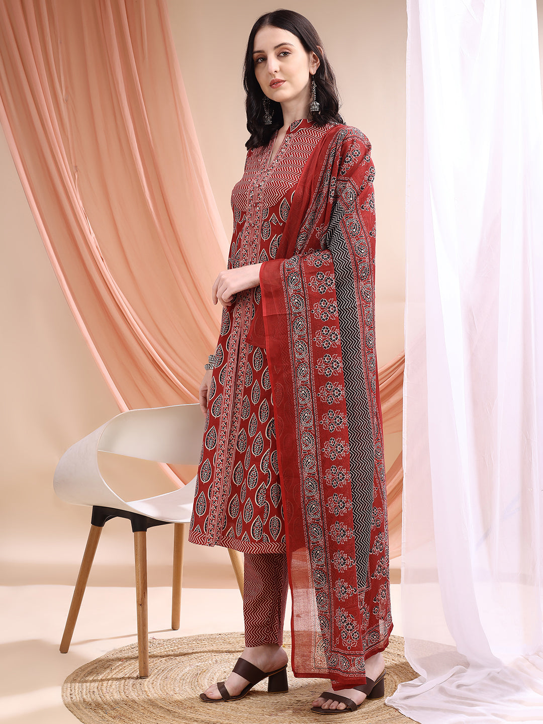 Front Slit Motifs A-Line Printed Kurta With Pant & Dupatta, Maroon - Hiral Fashion - Distacart