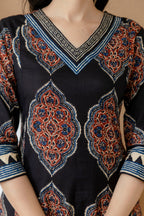 Ethnic Motif Printed Anarkali Kurta Set With Matching Pants & Dupatta, Black - Hiral Fashion - Distacart