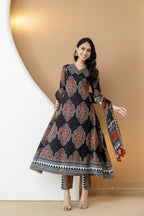 Ethnic Motif Printed Anarkali Kurta Set With Matching Pants & Dupatta, Black - Hiral Fashion - Distacart
