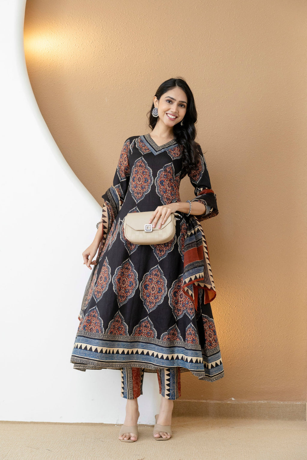 Ethnic Motif Printed Anarkali Kurta Set With Matching Pants & Dupatta, Black - Hiral Fashion - Distacart