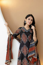 Ethnic Motif Printed Anarkali Kurta Set With Matching Pants & Dupatta, Black - Hiral Fashion - Distacart