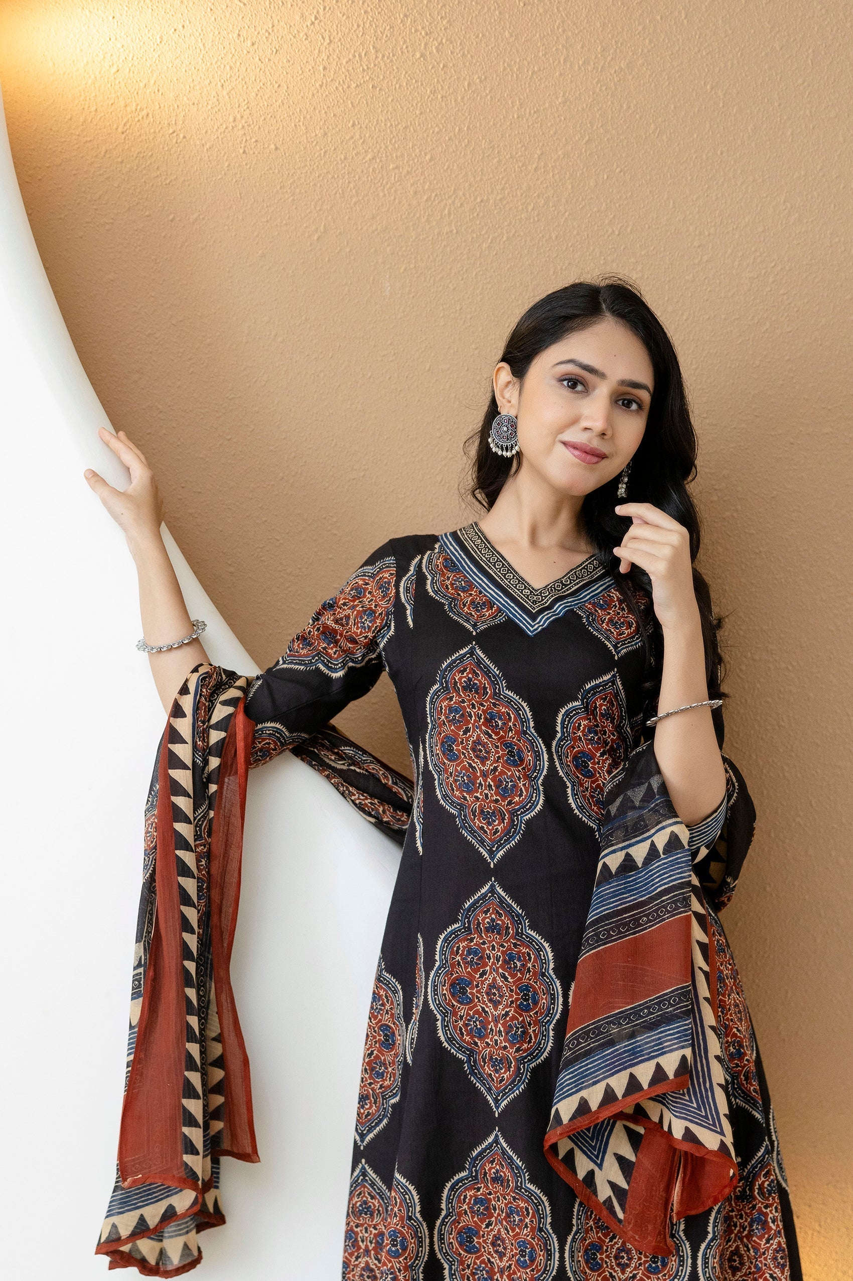Ethnic Motif Printed Anarkali Kurta Set With Matching Pants & Dupatta, Black - Hiral Fashion - Distacart