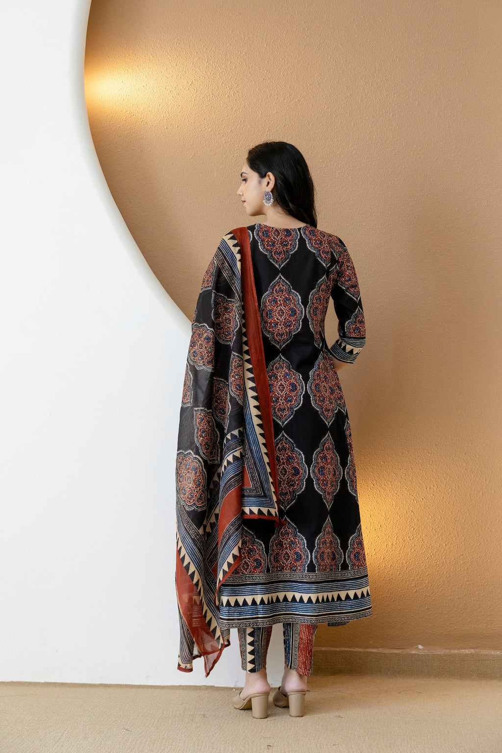 Ethnic Motif Printed Anarkali Kurta Set With Matching Pants & Dupatta, Black - Hiral Fashion - Distacart
