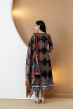 Ethnic Motif Printed Anarkali Kurta Set With Matching Pants & Dupatta, Black - Hiral Fashion - Distacart