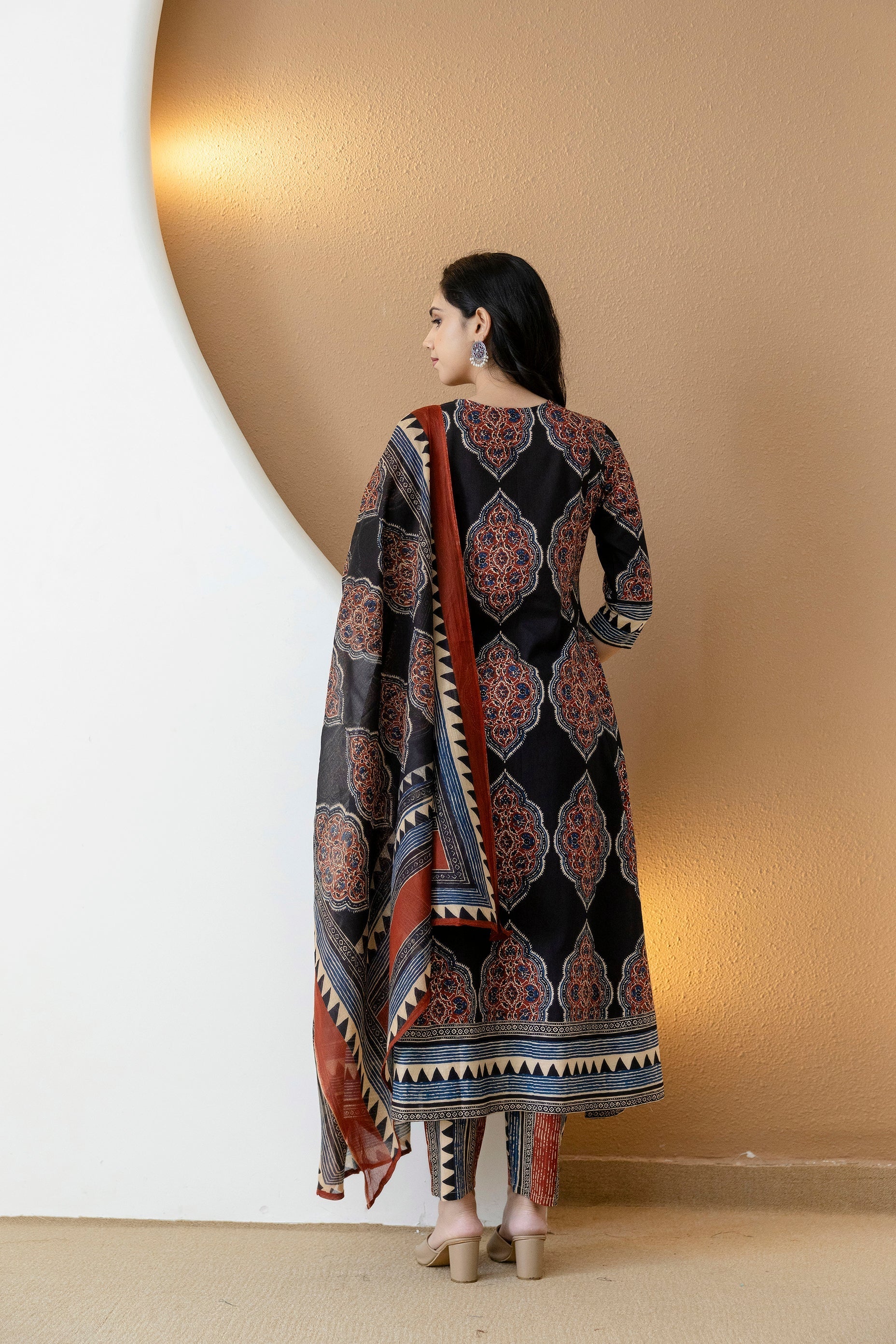 Ethnic Motif Printed Anarkali Kurta Set With Matching Pants & Dupatta, Black - Hiral Fashion - Distacart