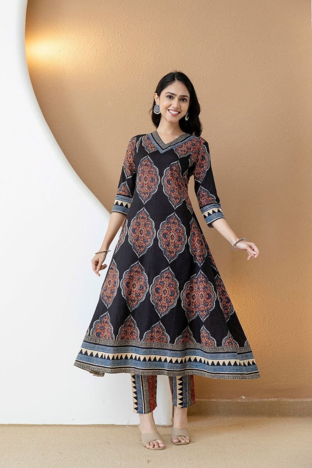 Ethnic Motif Printed Anarkali Kurta Set With Matching Pants & Dupatta, Black - Hiral Fashion - Distacart