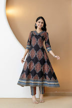 Ethnic Motif Printed Anarkali Kurta Set With Matching Pants & Dupatta, Black - Hiral Fashion - Distacart