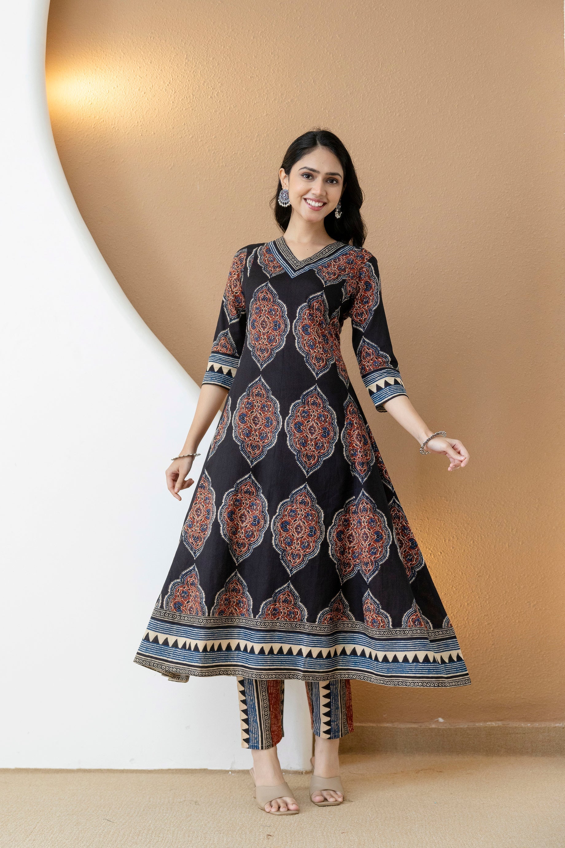 Ethnic Motif Printed Anarkali Kurta Set With Matching Pants & Dupatta, Black - Hiral Fashion - Distacart