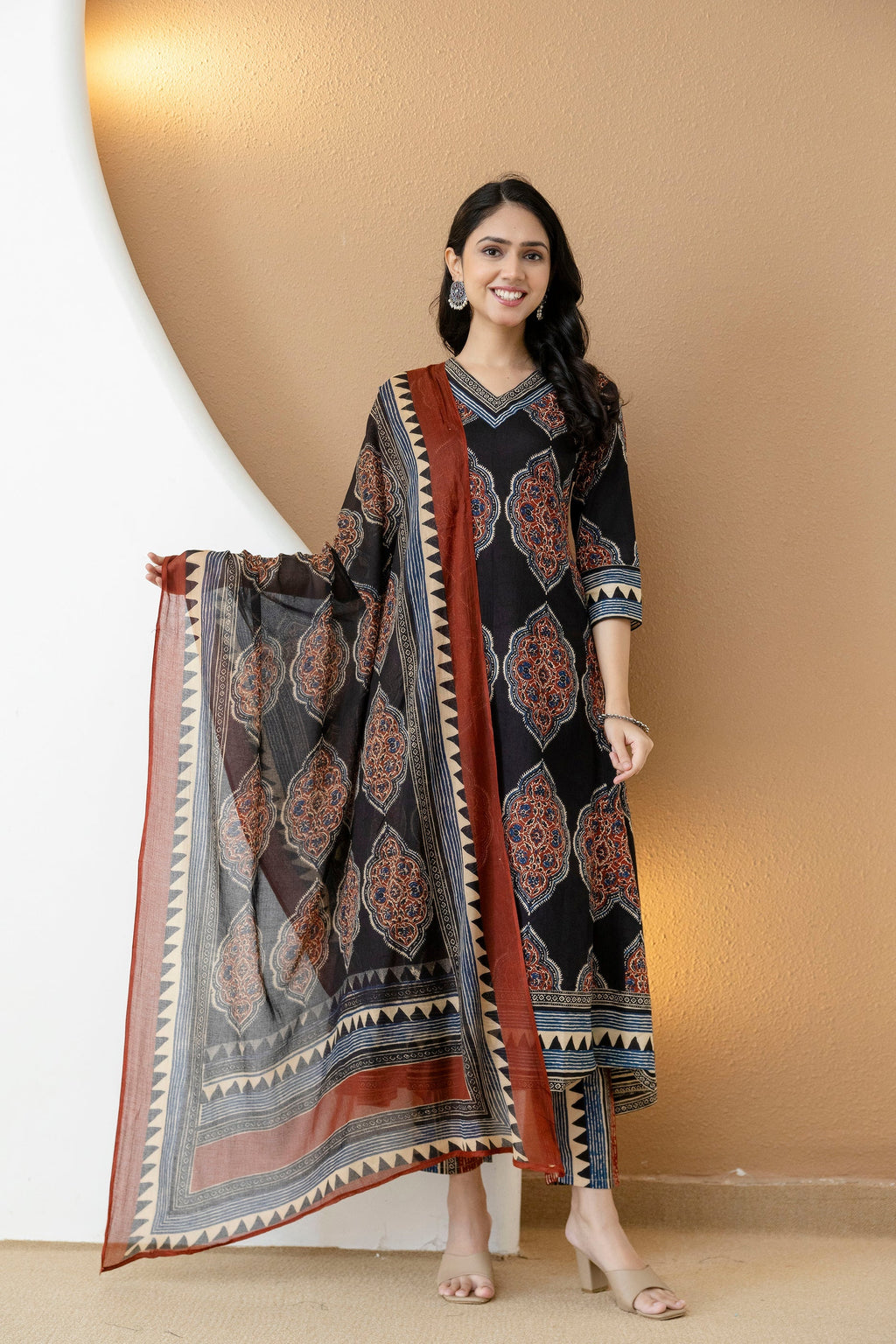 Ethnic Motif Printed Anarkali Kurta Set With Matching Pants & Dupatta, Black - Hiral Fashion - Distacart