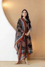 Ethnic Motif Printed Anarkali Kurta Set With Matching Pants & Dupatta, Black - Hiral Fashion - Distacart