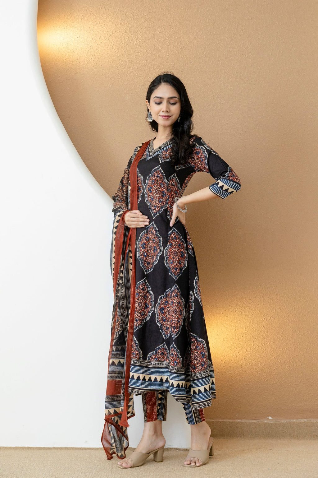 Ethnic Motif Printed Anarkali Kurta Set With Matching Pants & Dupatta, Black - Hiral Fashion - Distacart