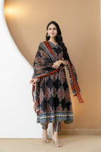 Ethnic Motif Printed Anarkali Kurta Set With Matching Pants & Dupatta, Black - Hiral Fashion - Distacart