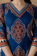 Ethnic Motif Printed Anarkali Kurta Set With Matching Pants & Dupatta, Blue - Hiral Fashion - Distacart