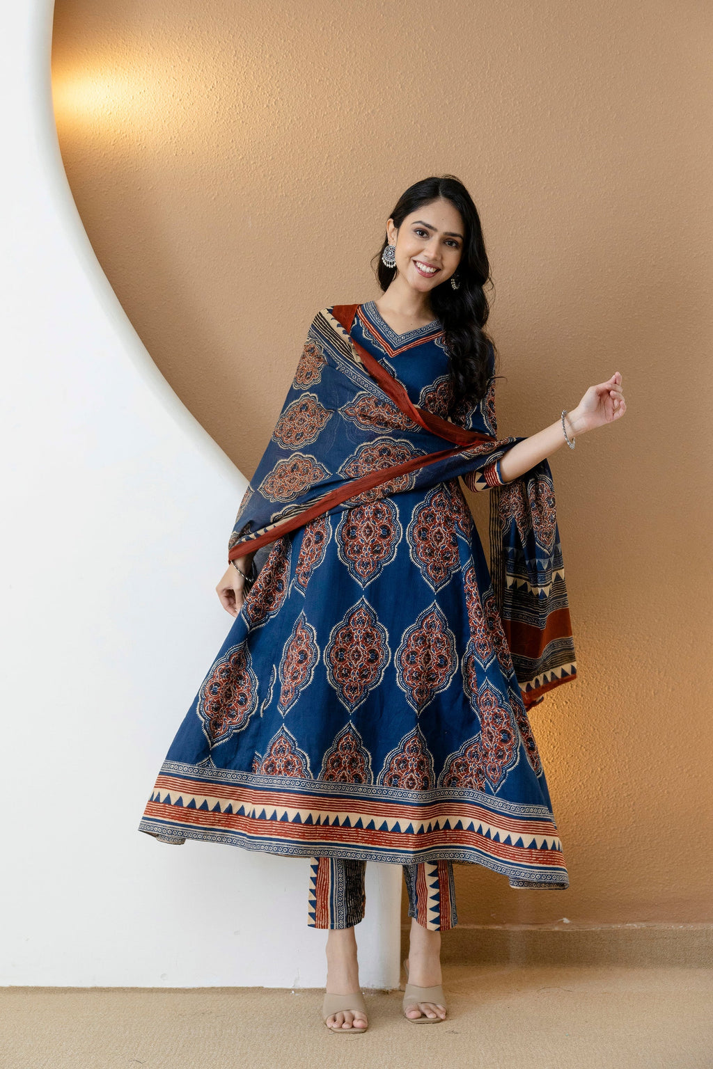 Ethnic Motif Printed Anarkali Kurta Set With Matching Pants & Dupatta, Blue - Hiral Fashion - Distacart