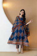 Ethnic Motif Printed Anarkali Kurta Set With Matching Pants & Dupatta, Blue - Hiral Fashion - Distacart
