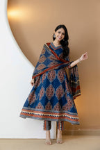 Ethnic Motif Printed Anarkali Kurta Set With Matching Pants & Dupatta, Blue - Hiral Fashion - Distacart