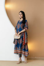 Ethnic Motif Printed Anarkali Kurta Set With Matching Pants & Dupatta, Blue - Hiral Fashion - Distacart