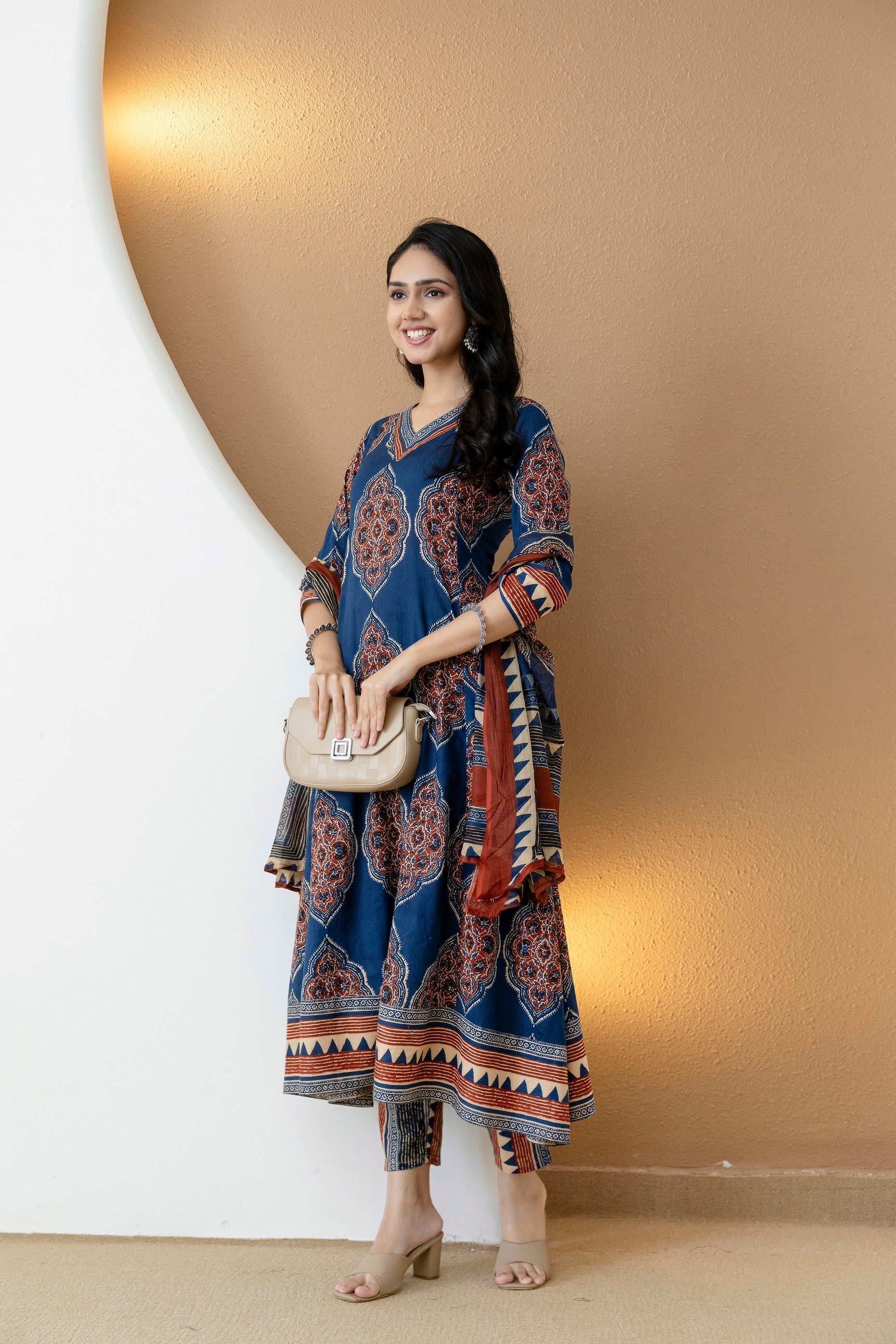 Ethnic Motif Printed Anarkali Kurta Set With Matching Pants & Dupatta, Blue - Hiral Fashion - Distacart