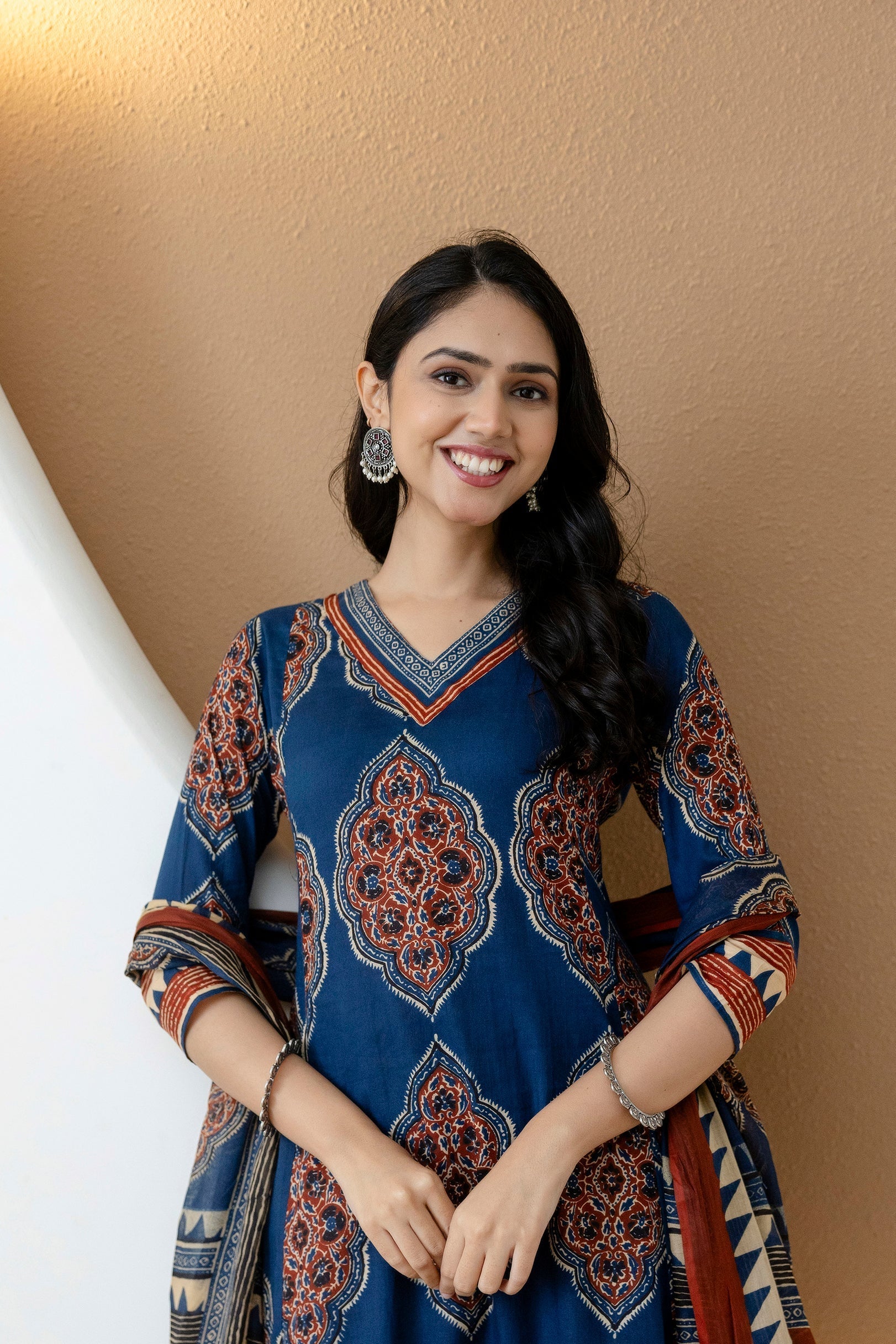 Ethnic Motif Printed Anarkali Kurta Set With Matching Pants & Dupatta, Blue - Hiral Fashion - Distacart