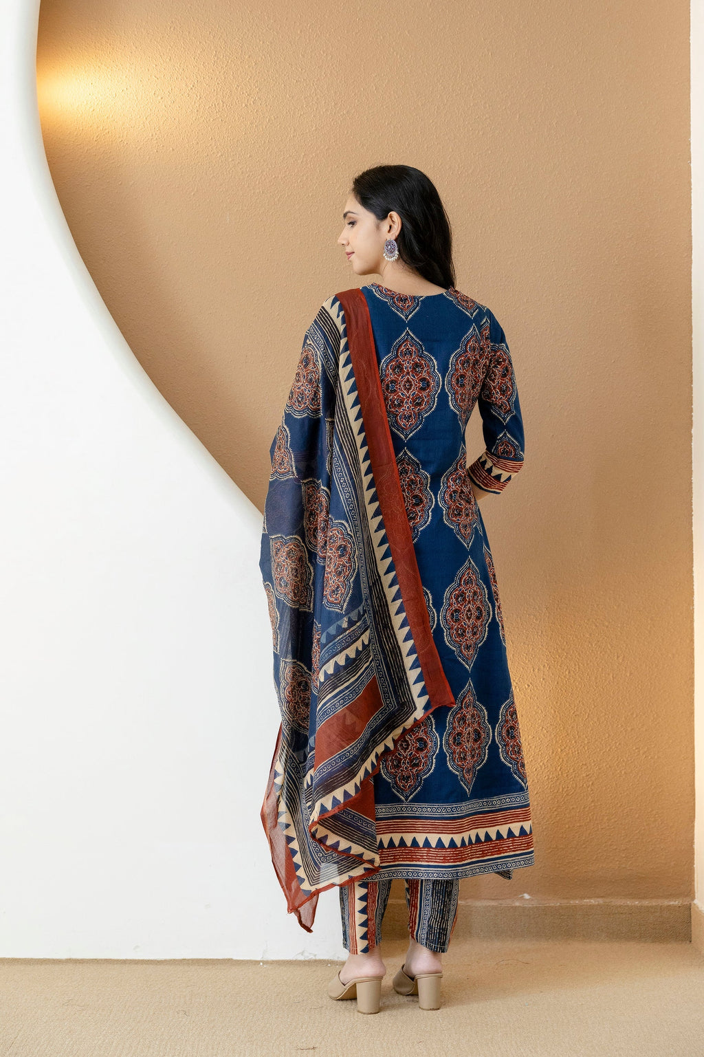 Ethnic Motif Printed Anarkali Kurta Set With Matching Pants & Dupatta, Blue - Hiral Fashion - Distacart