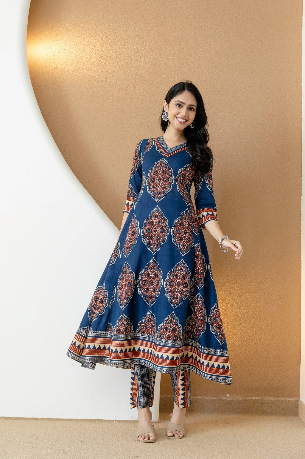 Ethnic Motif Printed Anarkali Kurta Set With Matching Pants & Dupatta, Blue - Hiral Fashion - Distacart