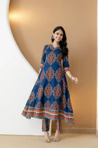 Ethnic Motif Printed Anarkali Kurta Set With Matching Pants & Dupatta, Blue - Hiral Fashion - Distacart