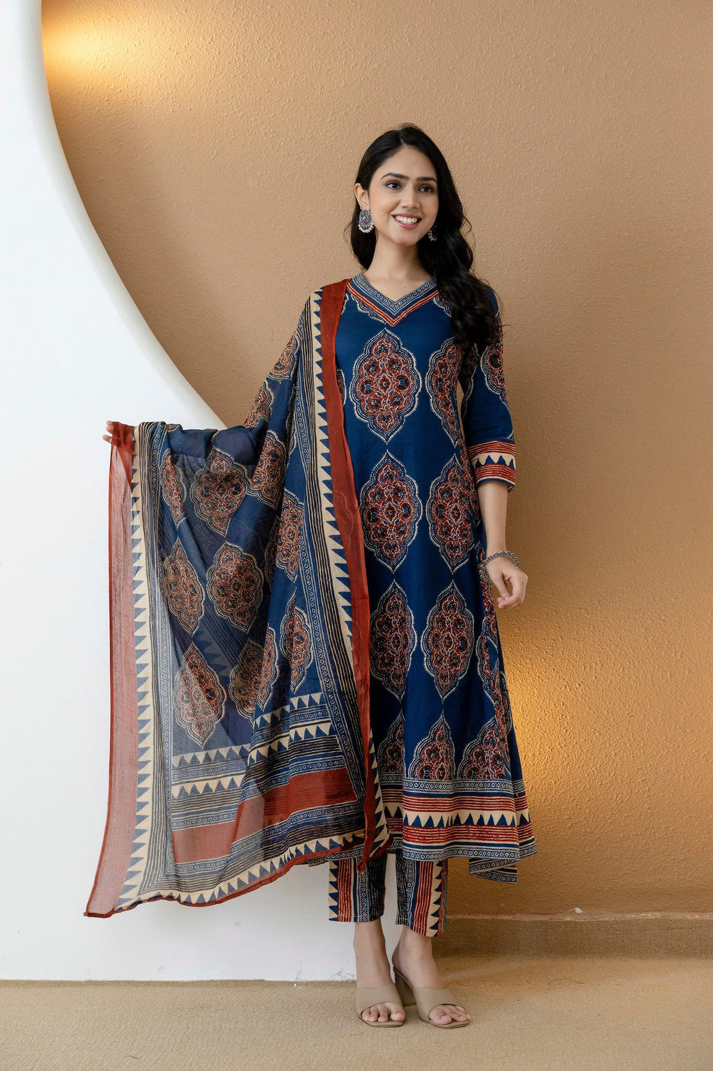 Ethnic Motif Printed Anarkali Kurta Set With Matching Pants & Dupatta, Blue - Hiral Fashion - Distacart