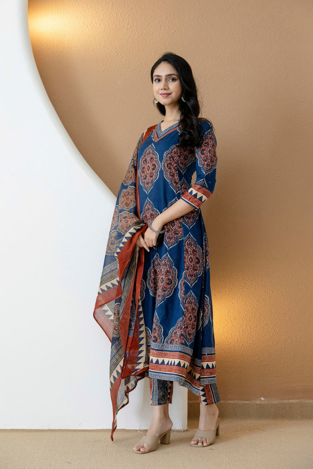 Ethnic Motif Printed Anarkali Kurta Set With Matching Pants & Dupatta, Blue - Hiral Fashion - Distacart