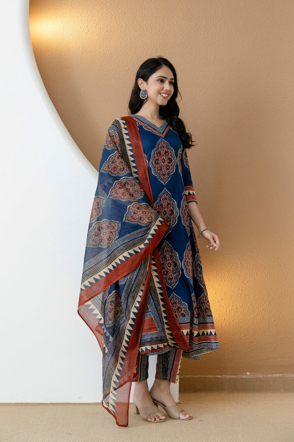 Ethnic Motif Printed Anarkali Kurta Set With Matching Pants & Dupatta, Blue - Hiral Fashion - Distacart