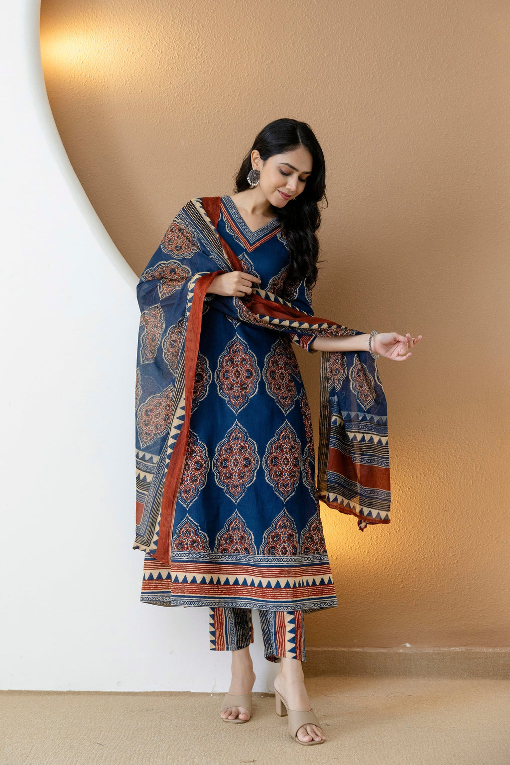 Ethnic Motif Printed Anarkali Kurta Set With Matching Pants & Dupatta, Blue - Hiral Fashion - Distacart