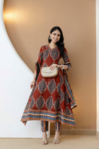 Ethnic Motif Printed Anarkali Kurta Set With Matching Pants & Dupatta, Rust - Hiral Fashion - Distacart