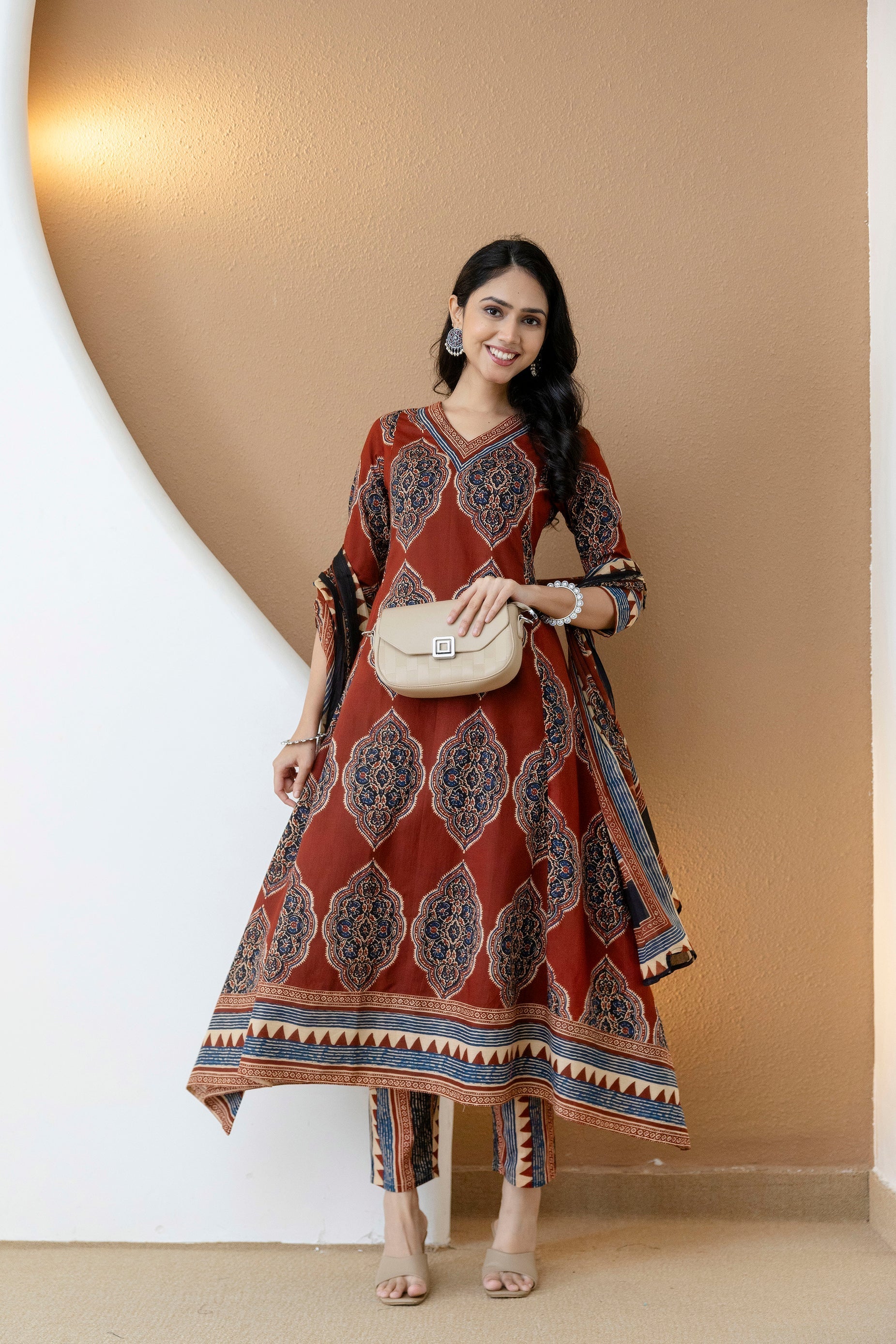Ethnic Motif Printed Anarkali Kurta Set With Matching Pants & Dupatta, Rust - Hiral Fashion - Distacart
