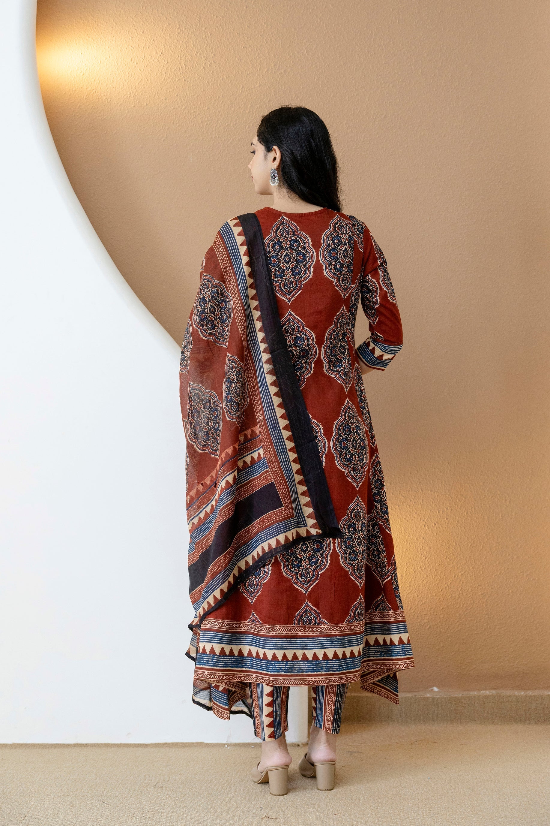 Ethnic Motif Printed Anarkali Kurta Set With Matching Pants & Dupatta, Rust - Hiral Fashion - Distacart